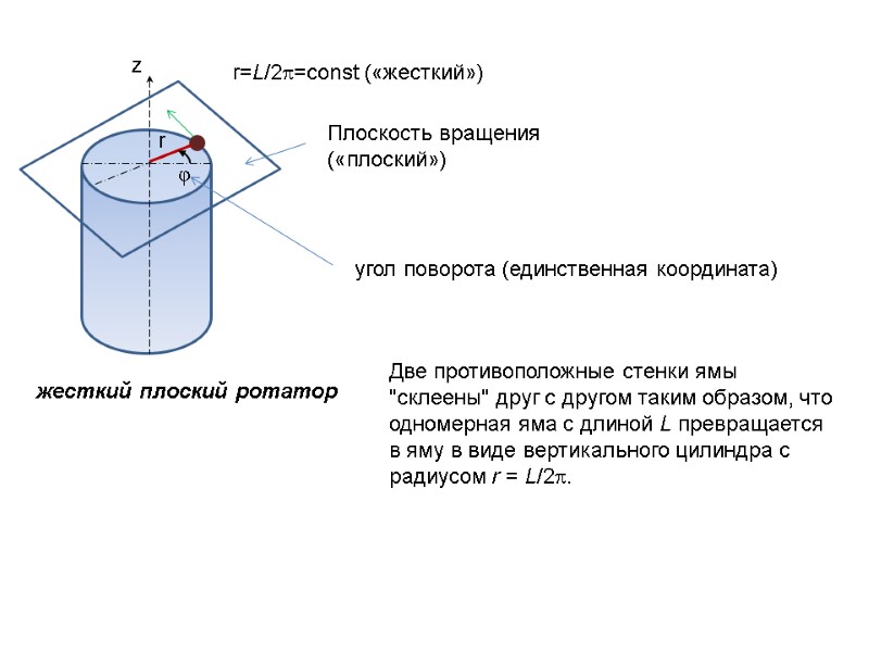 r=L/2=const («жесткий») r жесткий плоский ротатор z Плоскость вращения («плоский») φ угол поворота (единственная